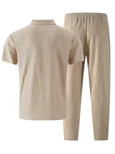 Men's Business Casual Elegant Sportswear Set, Solid Color Linen P0lo Shirt, Notched Collar Short Sleeve, Long Pants, Comfortable and Stylish