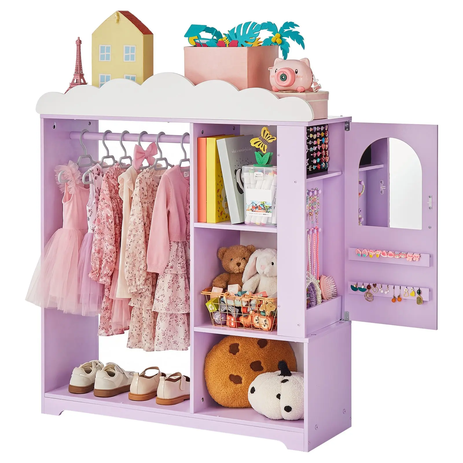 VEVOR Kids Dress Up Storage, with Jewelry Cabinet, Dress Up Closet with Mirror and Shelves, Princess Costumes Wardrobe Closet, Toddler Costume Organizer Armoire, for Bedroom, Kids Room, Girls, Purple