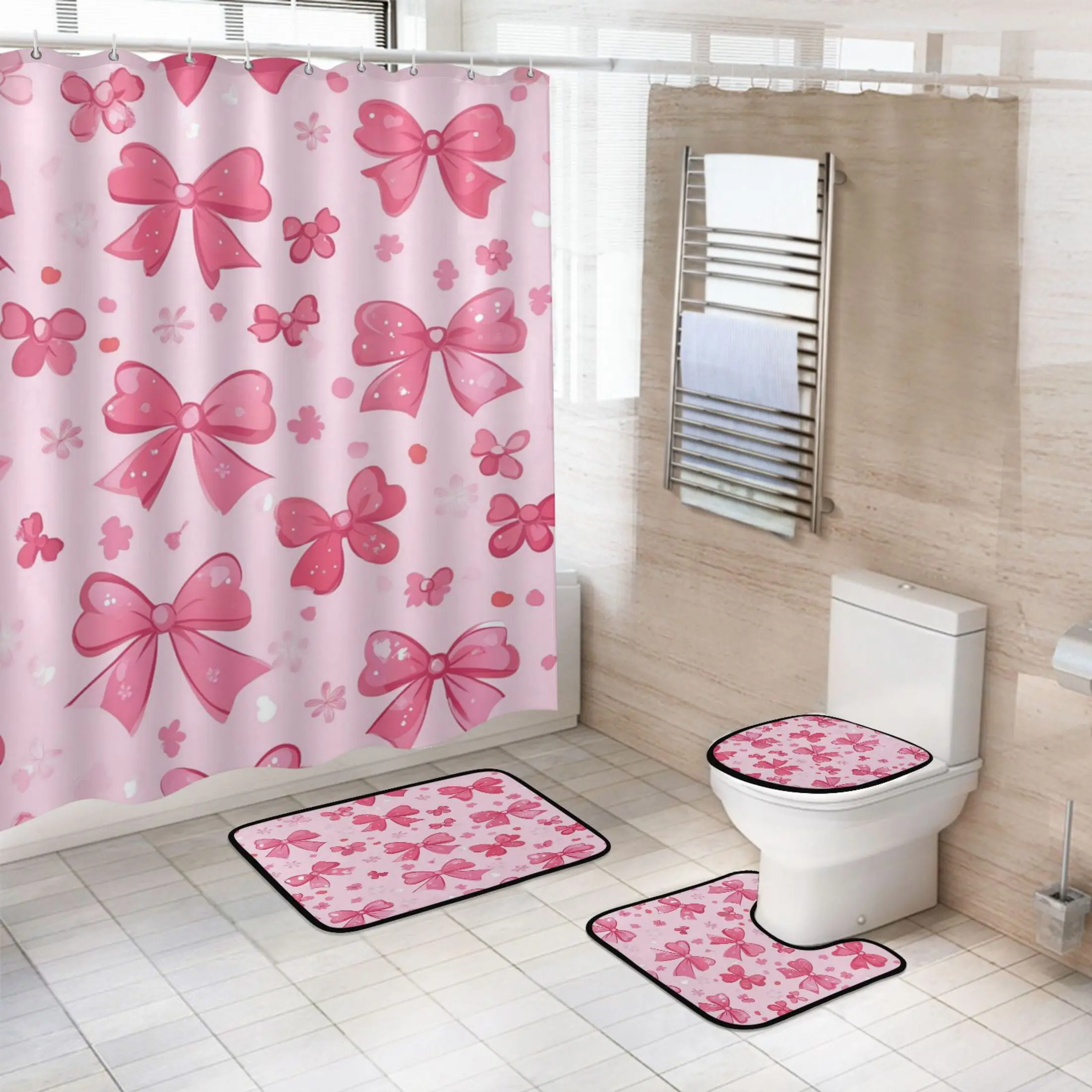 Pink Bow Print 4-Piece Bathroom Decor Set, Polyester Bathroom Supplies with Rectangular Waterproof Hanging-Resistant Shower Curtain, Non-Slip Bath Mat, U-Shaped Mat, Toilet Lid Cover