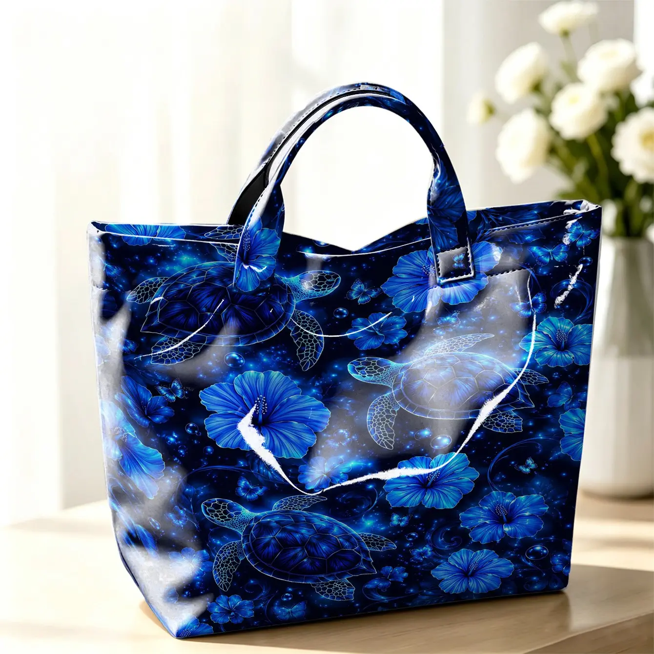 1pc Large Capacity Women Tote Bag, Glowing Blue Sea Turtle Hibiscus Bubble Butterfly Print Glossy Waterproof PVC Handbag, Dream Tropical Ocean Vacation Shoulder Bag for Beach Travel Shopping Office Daily Use