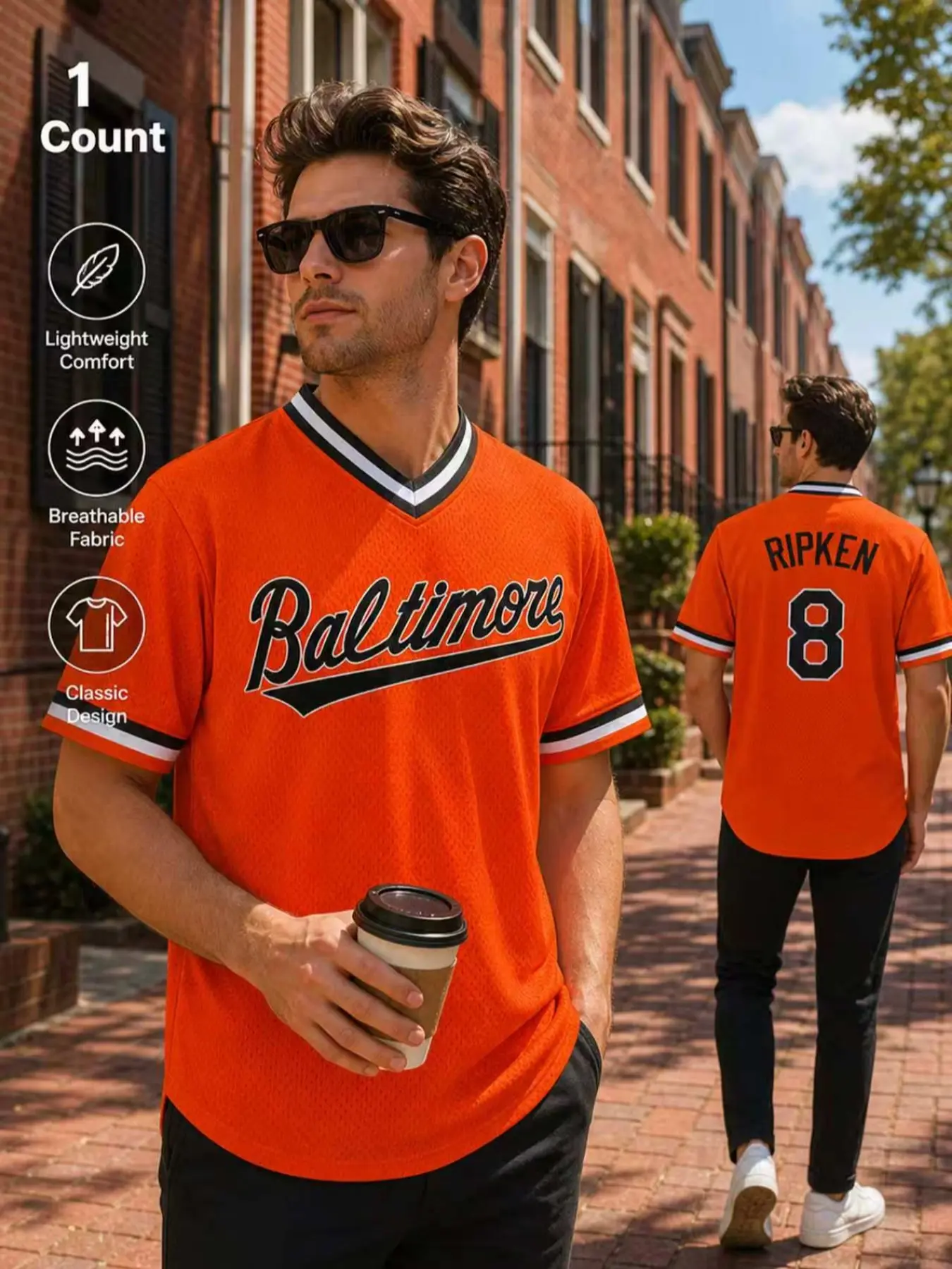 Men's Embroidered Baltimore Baseball Jersey #8, Short Sleeve V Neck Breathable Top, Lightweight Comfortable Casual Sports Shirt Gift