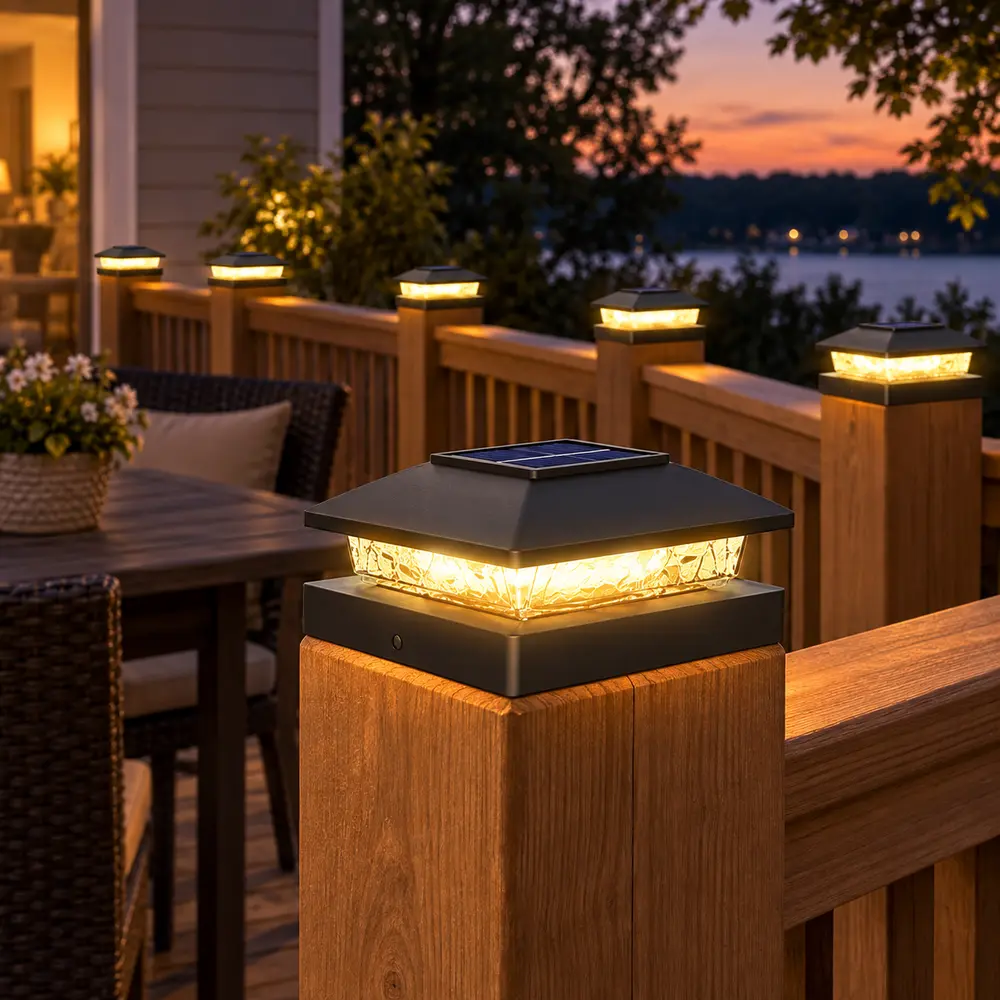 6-Pack Solar Post Cap Lights for designed for 4x4 wood posts with actual 3.5 x 3.5 inch caps and 4x4 vinyl post caps, ABS housing with IP64 waterproof rating, each light uses 8 warm white LEDs and a 400 mAh battery