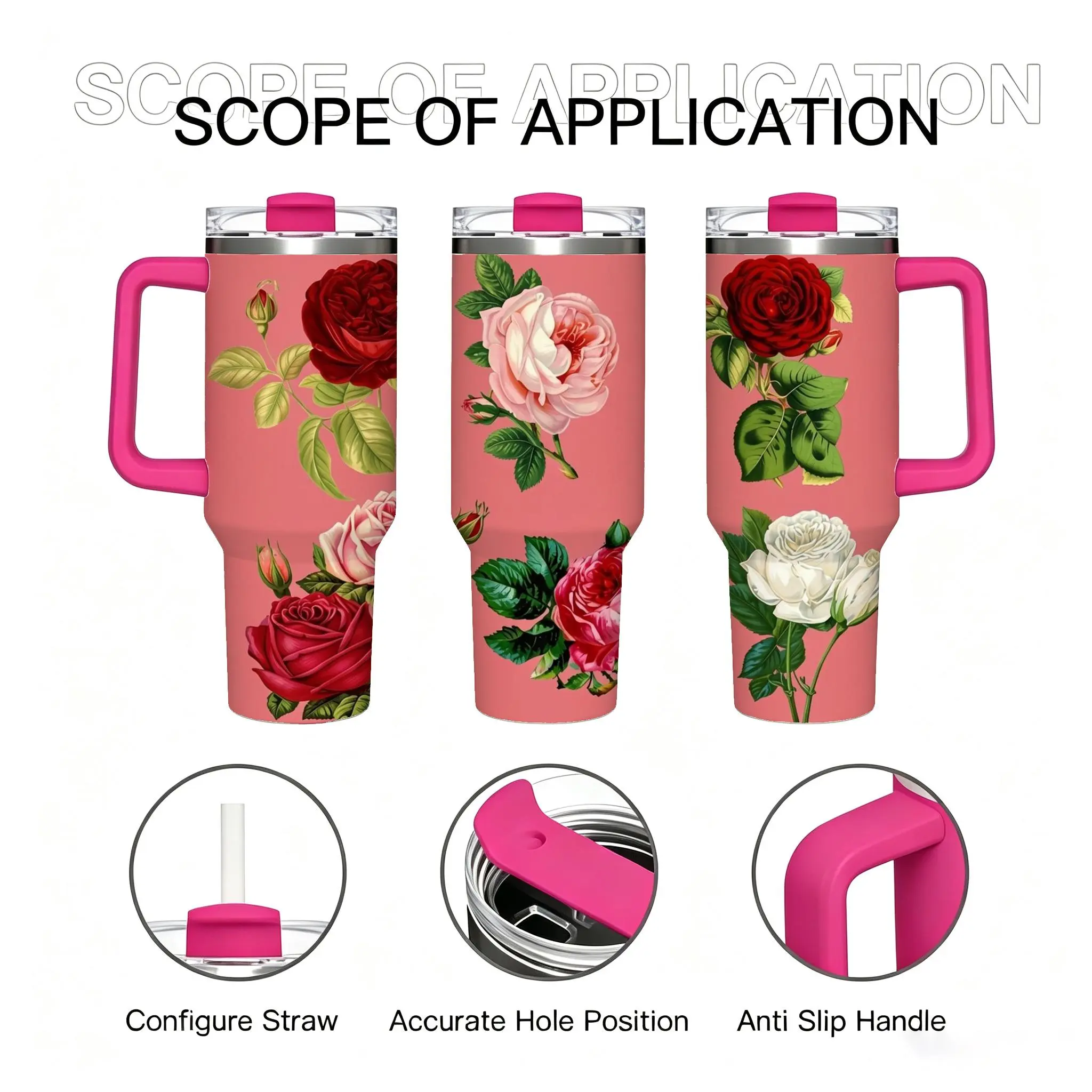 Women's 40oz Stainless Steel Insulated Printed Tumbler - Portable Vacuum Flask with Handle, Lid, Blush Pink Vintage Rose All-Over Print, Ideal Gift