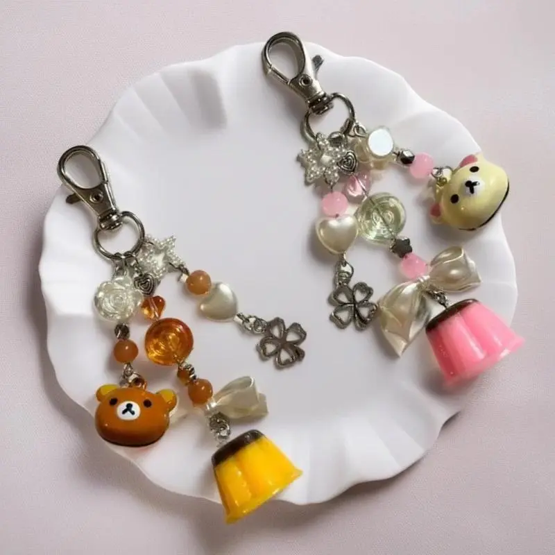 Cute Bell Bear Handmade Pudding Keychain Rilakkuma Bear Phone Pendant y2k Bow Beaded Keyring Backpack Pendant Gifts