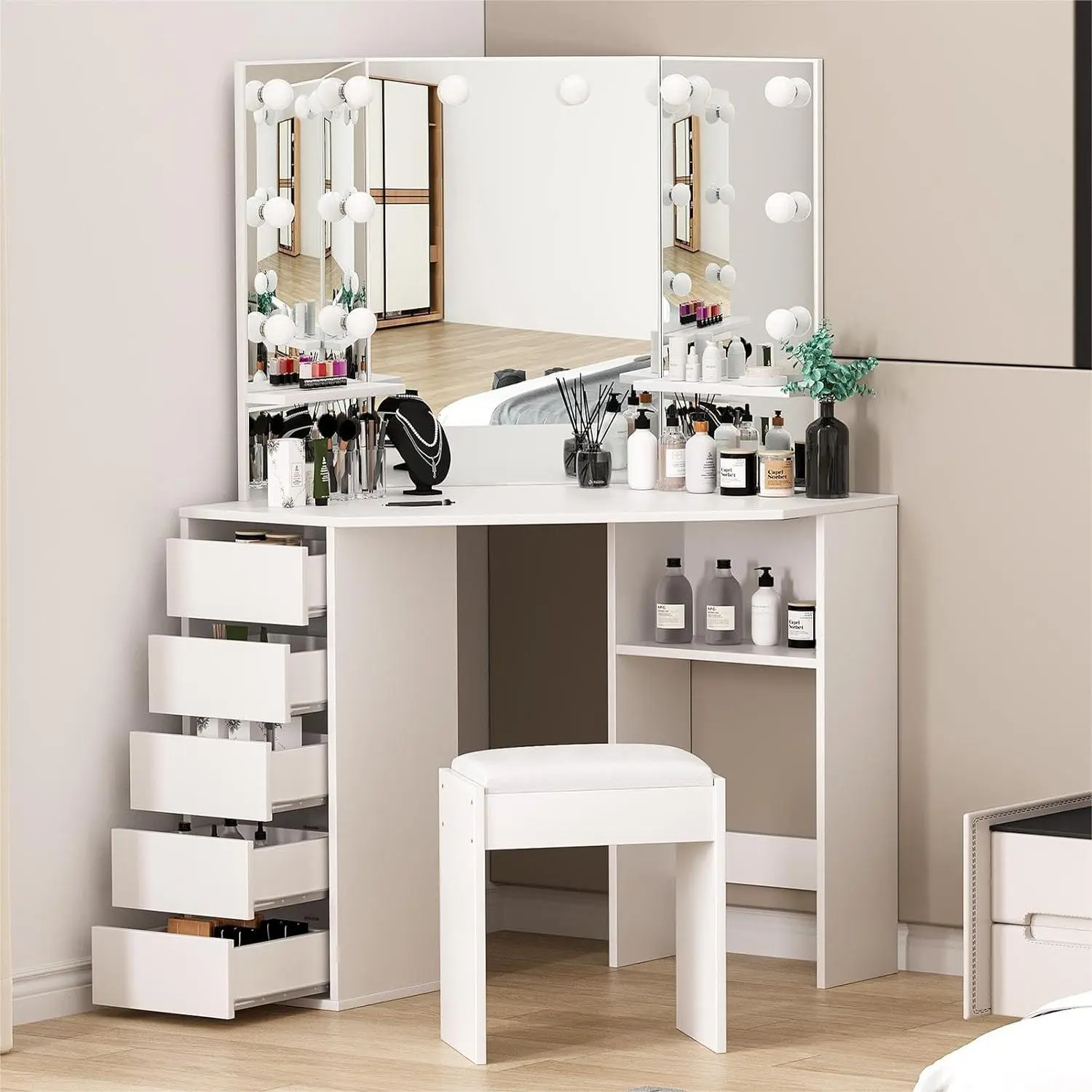 Corner Makeup Vanity Desk with 3-Folding Lighted Mirror – 5 Rotating Drawers – Charging Station – Storage Bench & Stool – Bedroom Dressing Table, White, 111 x 48 x 142 cm