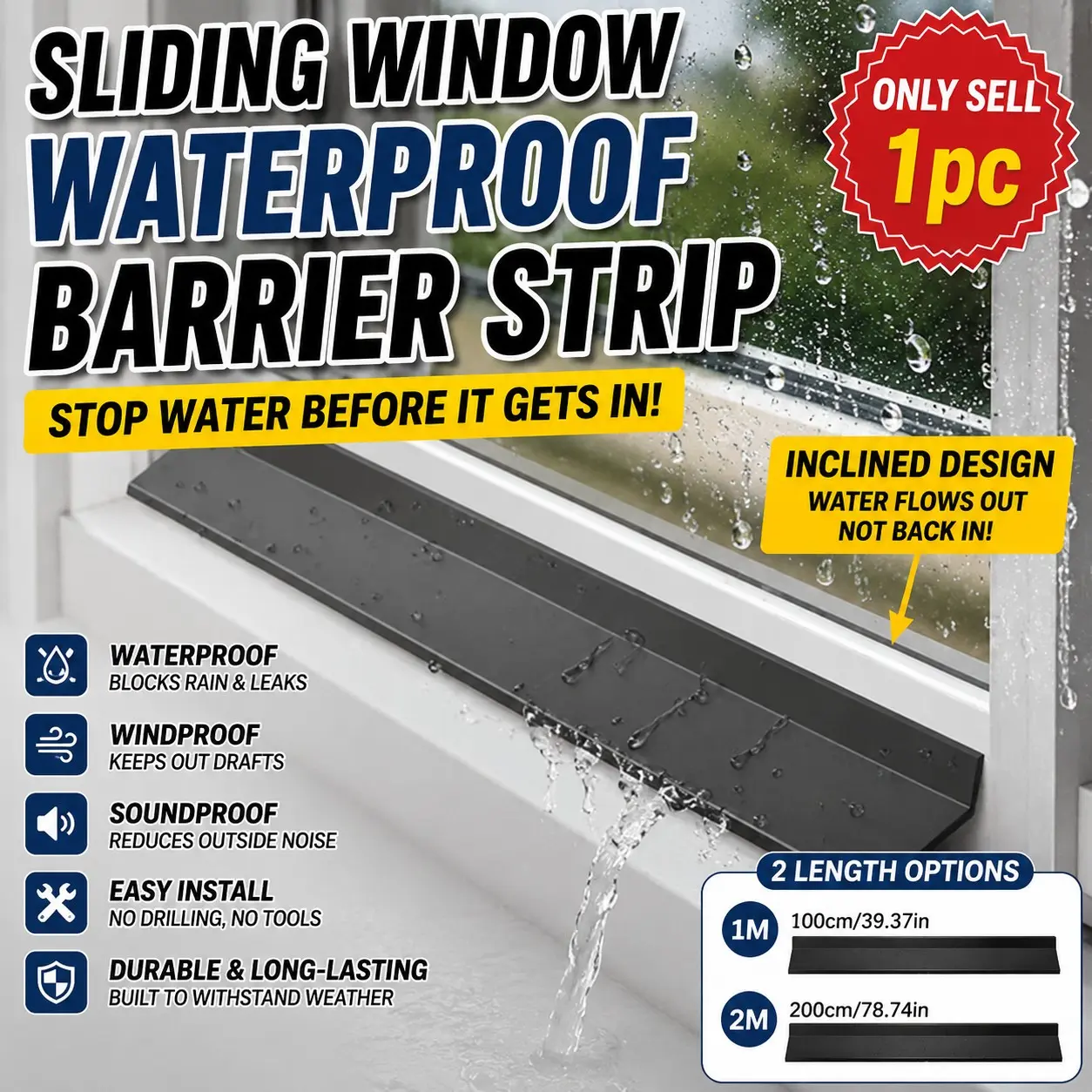 1pc No-Drill Sliding Window Waterproof Barrier, Self-Adhesive Waterproof Strip, Suitable for Window Glass Doors, Balcony Sliding Windproof and Soundproof Sealing Strip for Home - Durable, Easy to Install, Outdoor Window Drainage System, Door Hardware
