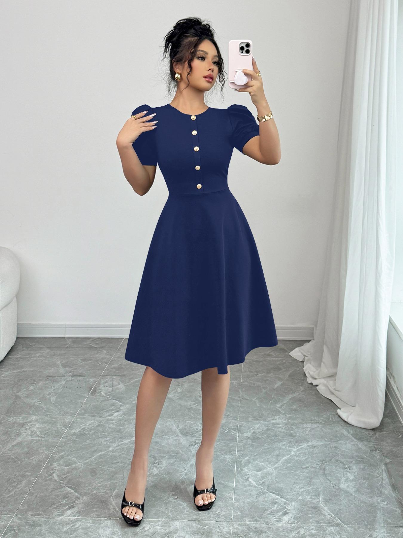 Women's Plain Button Decor Elegant Dress, Elegant Fashion Casual Dress for Daily Outdoor Wear, Women Dress for Summer, Womenswear