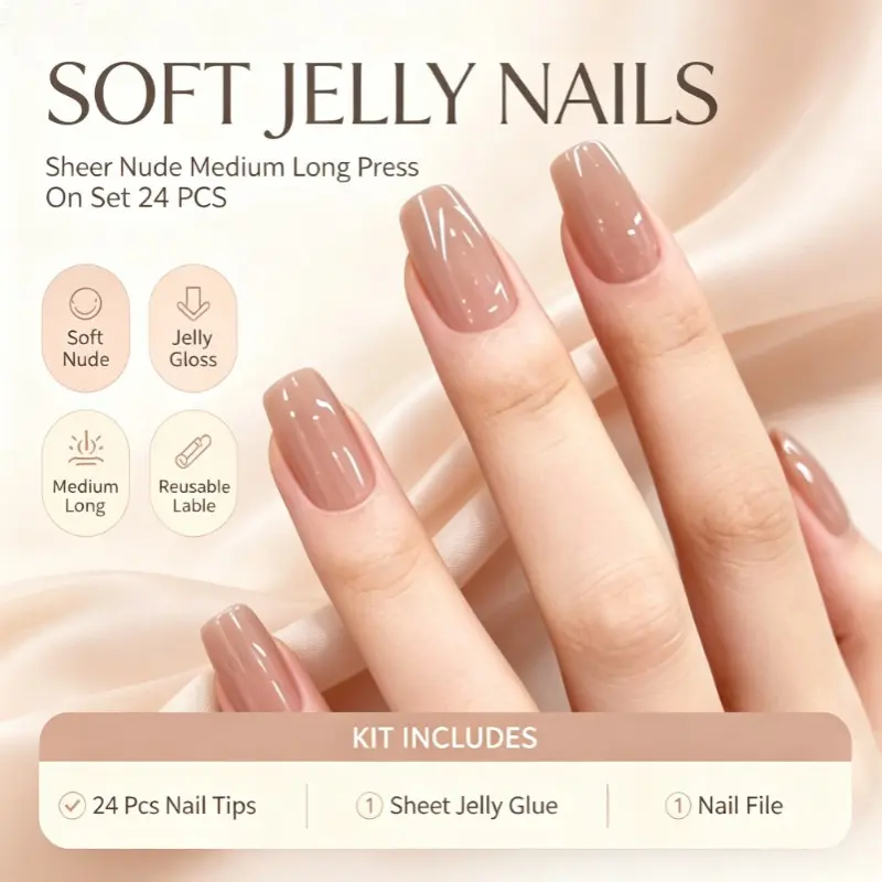 24pcs Transparent Jelly Nail Stickers, Multi-Size Bare Nails, Long-Lasting Glossy Finish, No UV Lamp Needed, Reusable DIY Manicure Kit