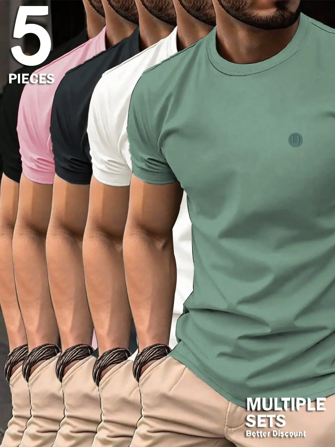 Five-Piece Blank T-Shirt Set, Round Neck, Comfortable Fit with Spandex, Essential Wardrobe Item, Men's Casual Streetwear Long Sleeve Top, Soft and Versatile, Breathable