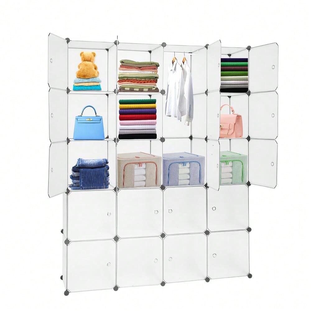 outstanding quality  1pc 20 Organizer Stackable Plastic Cube Storage Shees Design Multifunctional Modular Closet Cabinet With Hanging Rod White