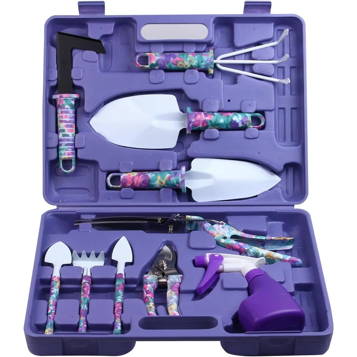 Garden Tool Set, 10-piece floral pattern gardening tools, featuring ergonomic handles, includes a shovel, rake, weeder, pruning shears, sprayer, and garden hand tools with a carrying case, making it a gardening gift for women and fathers
