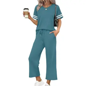 Two Piece Sets for Women Summer Outfits Lounge Sets Short Sleeve Tops Wide Leg Pants Vacation Travel Outfits