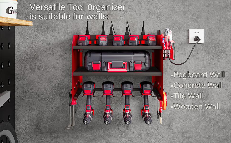 Power Tool Organizer Wall Mount with Charging Station 3 Layer Heavy Duty Metal Tool Storage Rack with 4 Cordless Drill Holder Utility Rack with 8 Power Strip