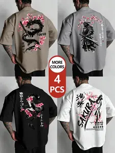 Japanese Style Cherry Blossom Dragon Samurai Print Oversize T-Shirt, Loose-Fitting Long Sleeve, Breathable Streetwear for Men, Multiple Colors Available
