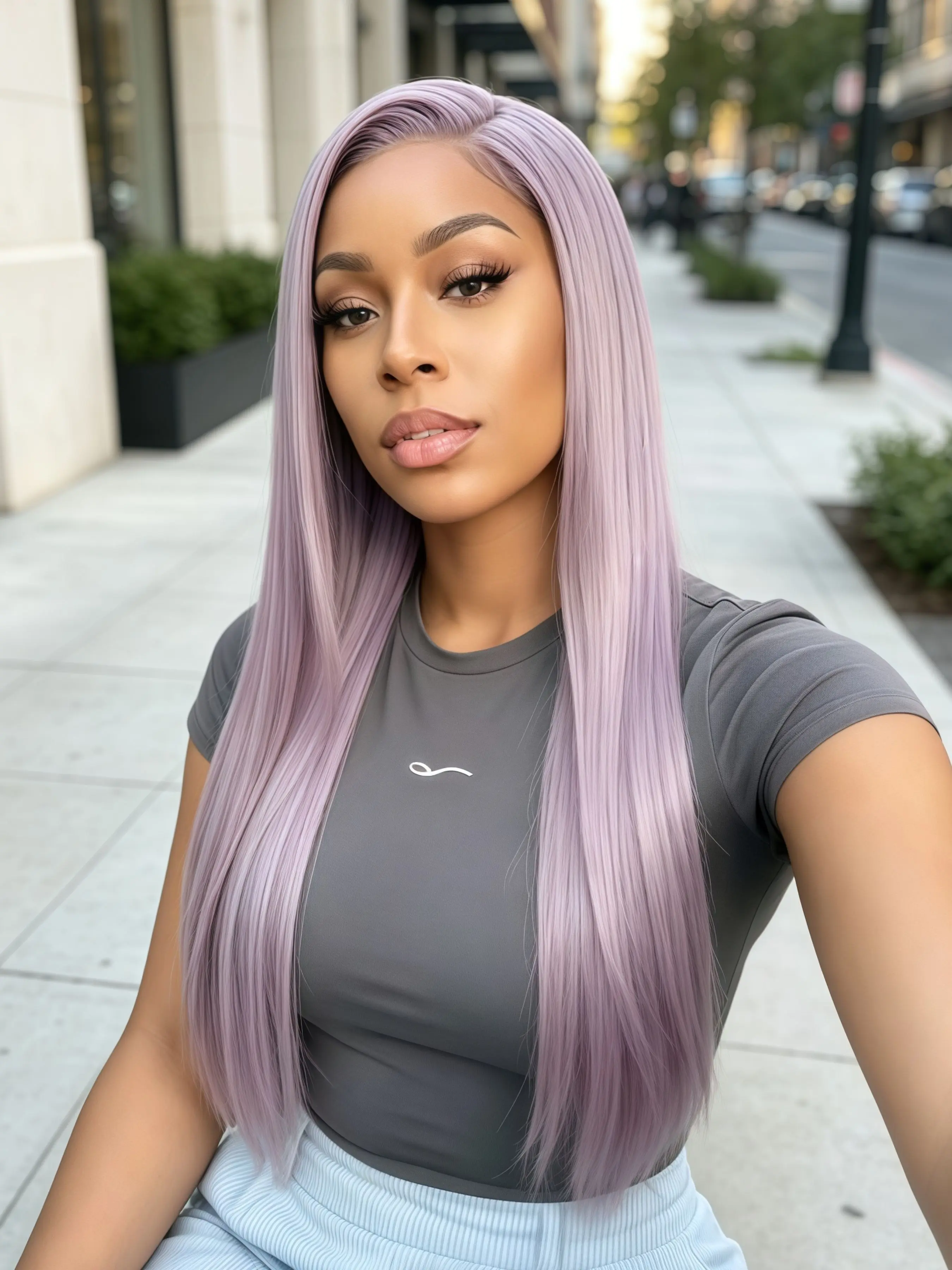 Lavender Purple Long Straight Wig 13x4 Lace Frontal Wig Free Part HD Transparent Lace Front Straight Synthetic Wig Pre Plucked Natural Hairline Heat Resistant Fiber Wigs for Women Daily Wear 28 Inch