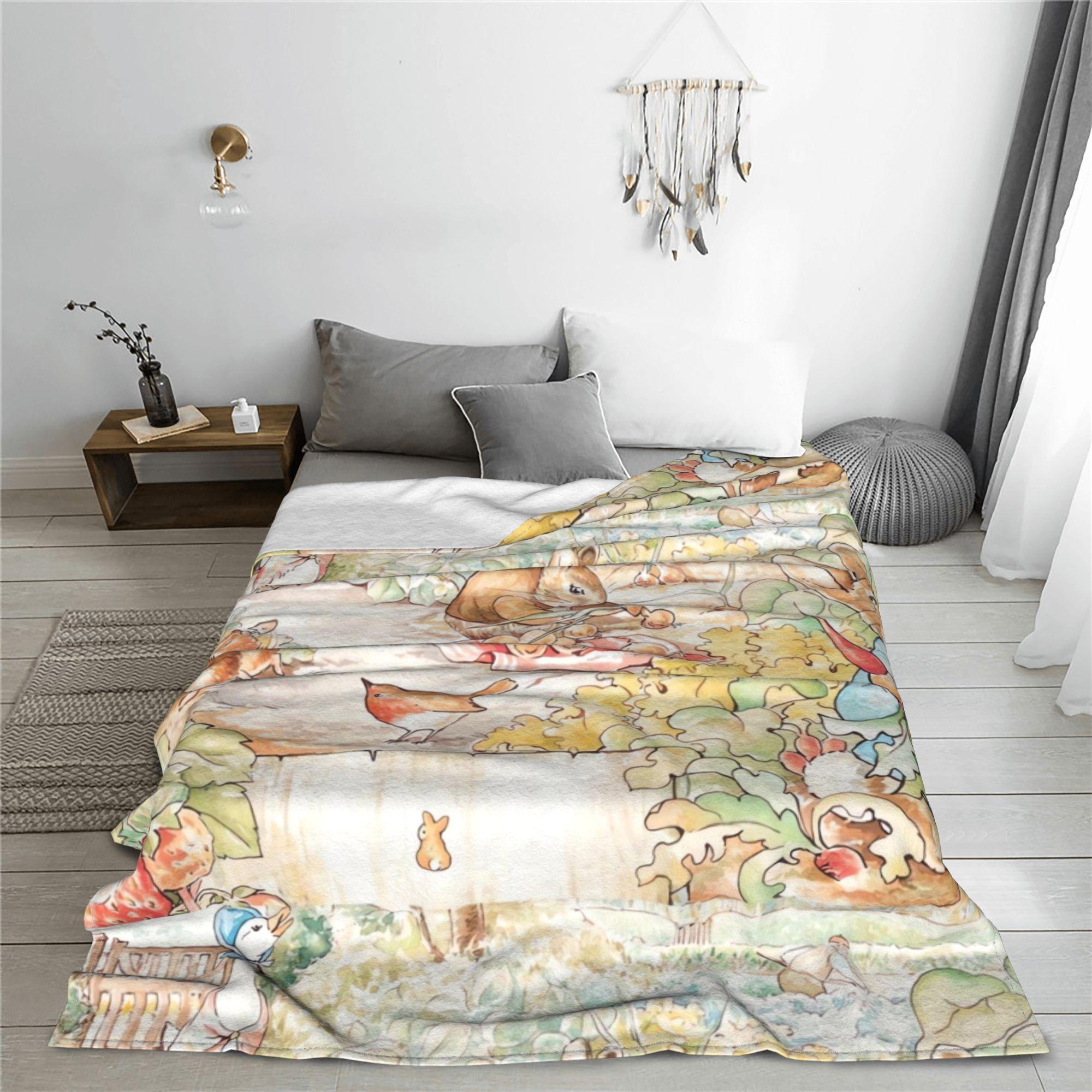A vintage blanket from the world of Beatrice Potter - Large, soft flannel, featuring Peter Rabbit, Jemima Paddle Duck, and Mrs. Tigger Winkler - A comfortable all-season bedspread suitable for the sofa, living room, and bedroom - Adorned with illustration