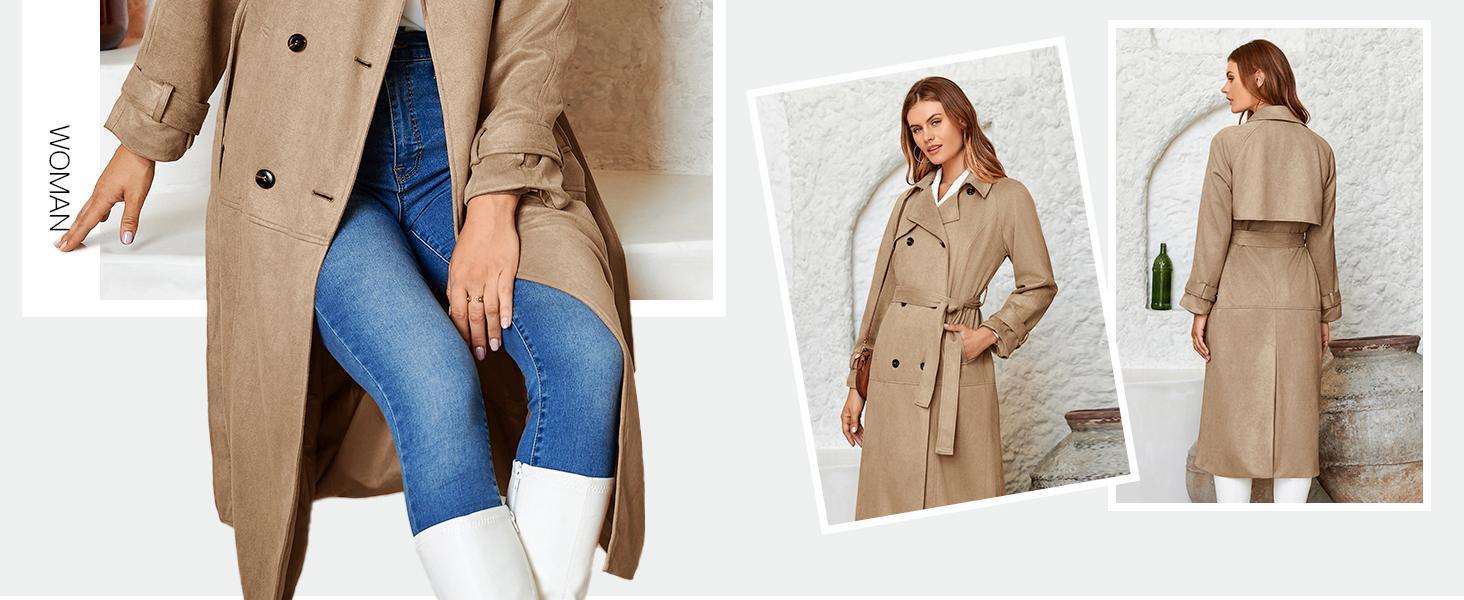 Imily Bela Womens Long Trench Coat Fall Faux Suede Jackets Double Breasted Lapel Pea Coat with Belt Imily Bela Womens Long Trench Coat Fall Faux Suede Jackets Double Breasted Lapel Pea Coat with Belt