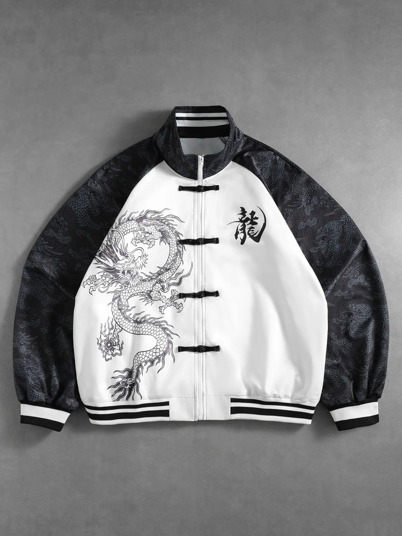 Men's Chinese Dragon Print Varsity Jacket, Casual Fashionable Jacket, Frog Button Traditional Style, Zip-Up Streetwear Bomber Coat, Trendy Outerwear for Men