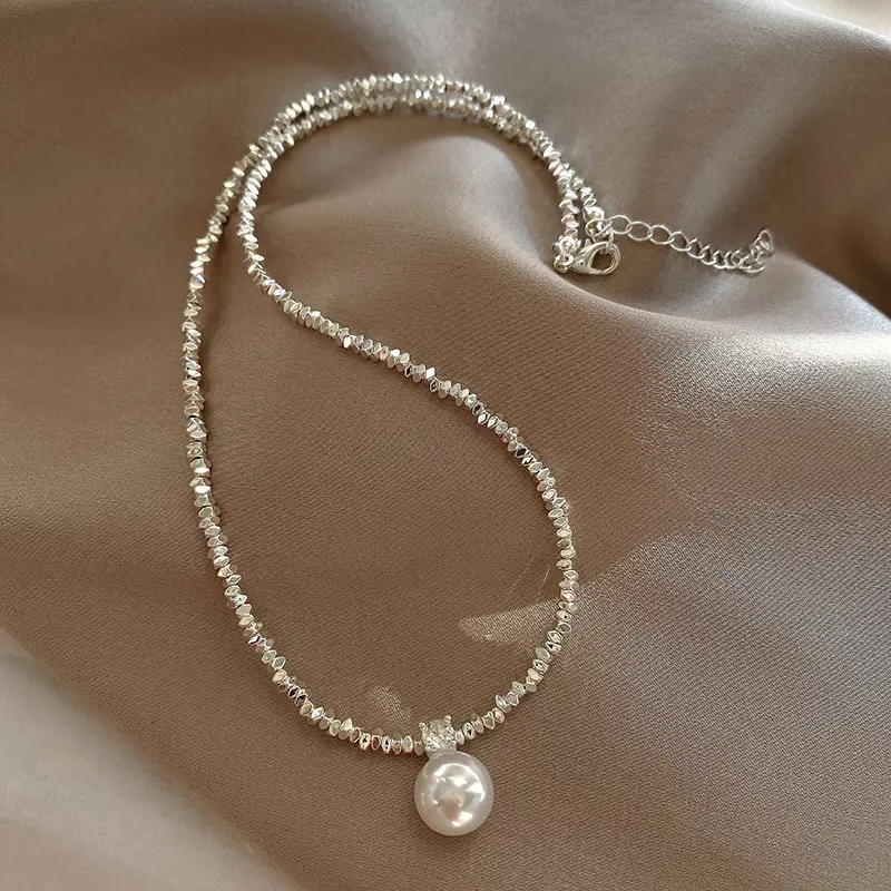 Broken Silver Pearl Necklace for Women, Dainty Irregular Bead Collarbone Chain, Lightweight Accessory for Daily Wear, Blue Water Drop Necklace, Pearl Beads, Short Chain, Collarbone Necklace