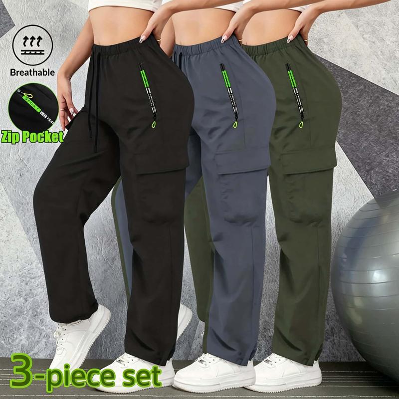 Female 3-Pack High-Waisted Athleisure Pants - Loose Straight Leg with Pockets, Squat-Proof Breathable Knitting Quick Dry Fitness Workout Pants, Gym Yoga Clothing Activewear Bottoms