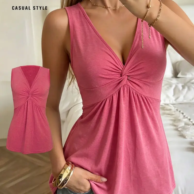 Summer Women's Knot Sleeveless Vneck Top Casual Camisole Shirt Top, Fitted, Lightweight Breathable Fabric, Soft High Elasticity, Comfortable and Stylish Summer Wear