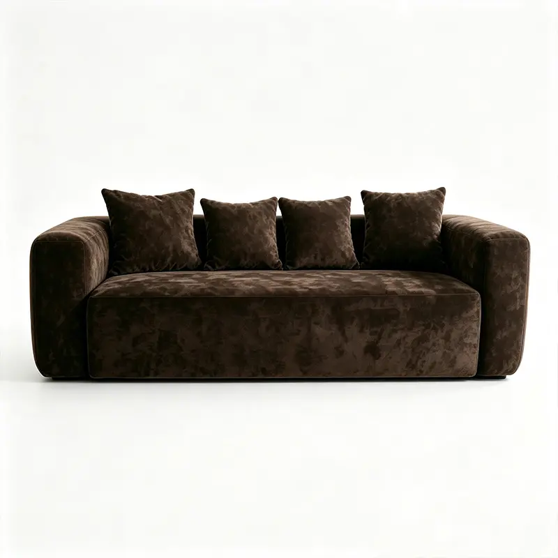 Chocolate Brown Velvet Suede Cloud Sofa Sectional - 3-4 Seats, Square-Rectangle Shape, Pillows Included, Contemporary Oversize Seat, Fixed Arms, Plush Cushions, Living Room Indoor Home Furniture Big Boneless Couch Cloud Couch Boneless Couch Set