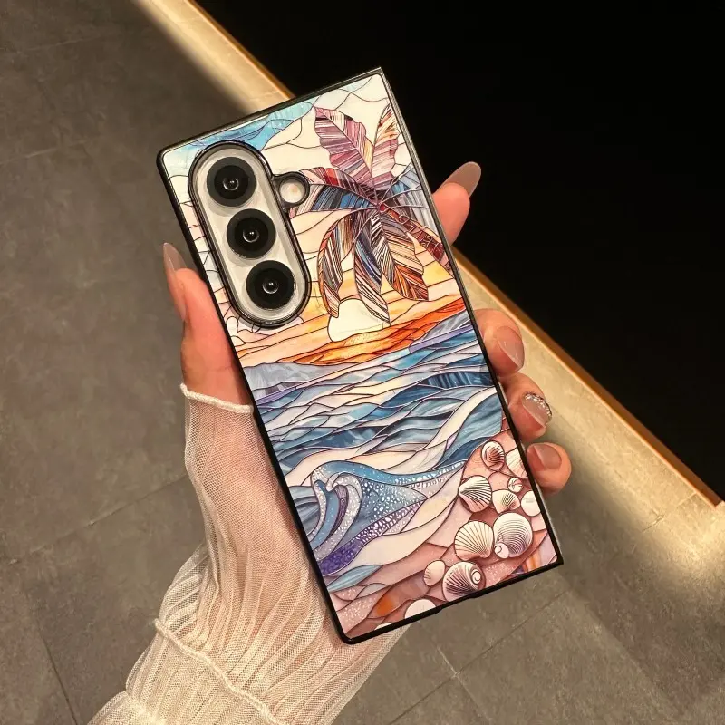 Compatible with Z Fold7/Z Fold6/Z Fold5/Z Fold4 Coconut trees, waves, shells. Turtle pattern phone case-hnlj09