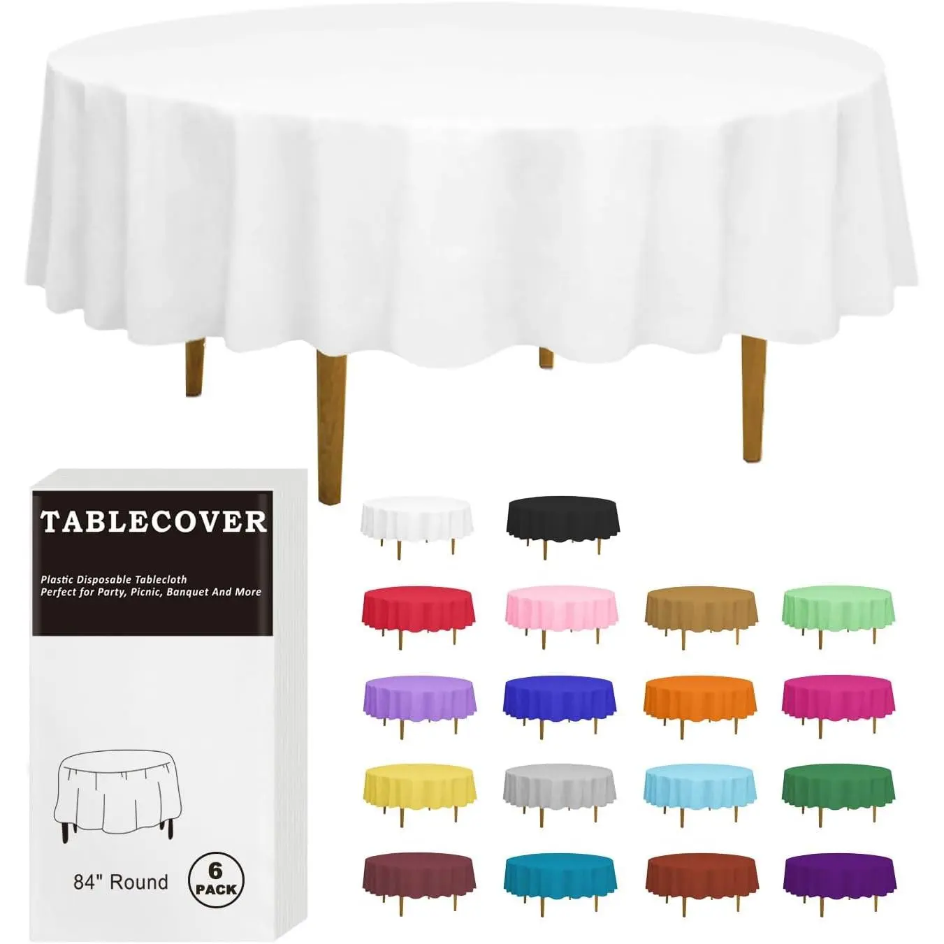 Disposable Synthetic Plastic Tablecloth, 6 Pack 84" x 84" White Round Individually Wrapped Durable Table Covers for Indoor-Outdoor Party, Picnic Events, Birthday