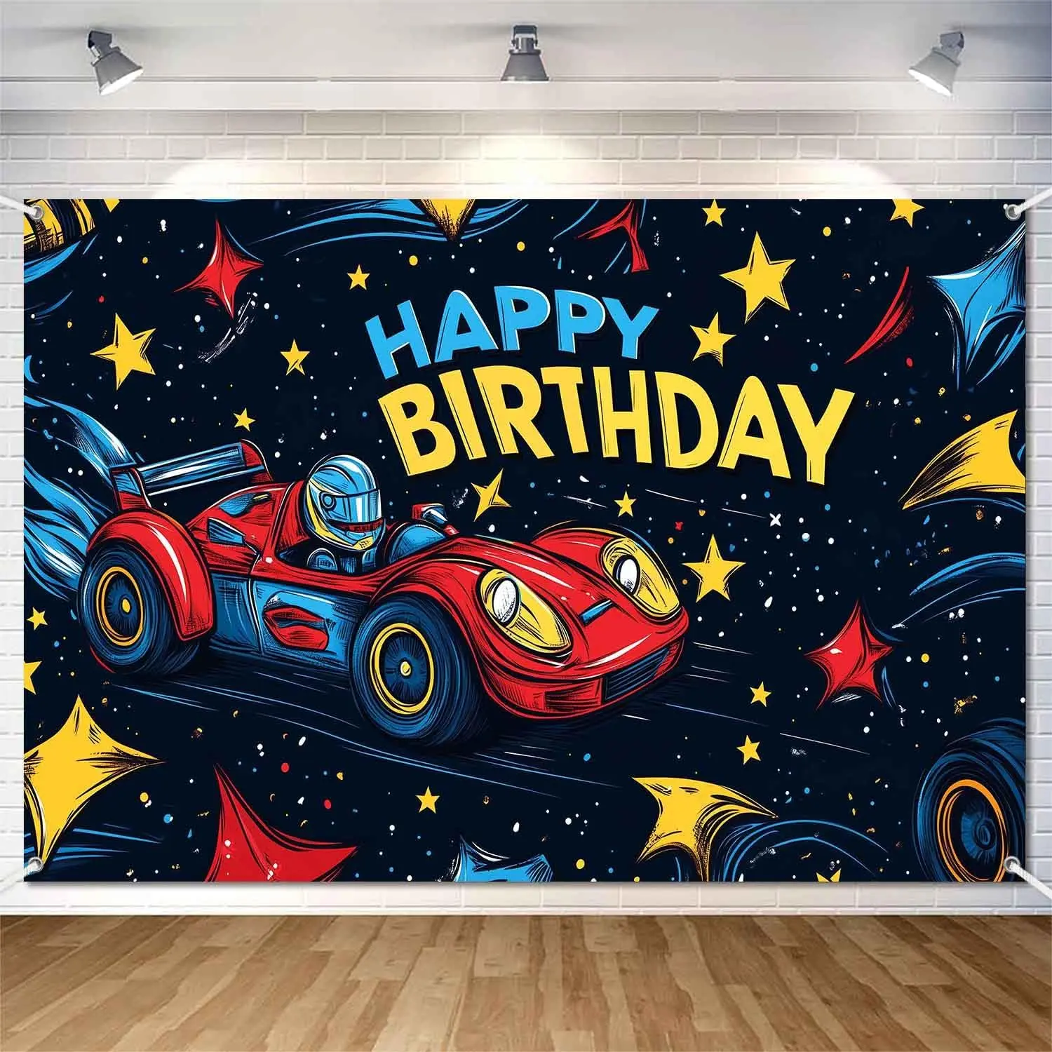 Race  Happy Birthday Backdrop Banner 5x3ft  Birthday Party Decorations Supplies for Boys   Racing  Wheels Theme Photography Background Fabric Wall Decor