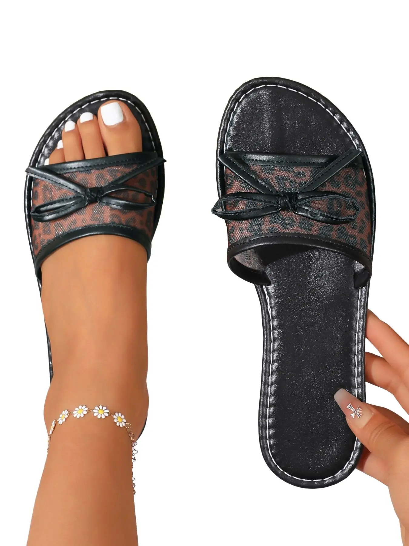 Women's Leopard Print Mesh Slippers, Cute Bow Flat Sandals, Casual Summer Vacation Footwear, Comfortable and Stylish Slip-Ons, Flat Rubber Sandals