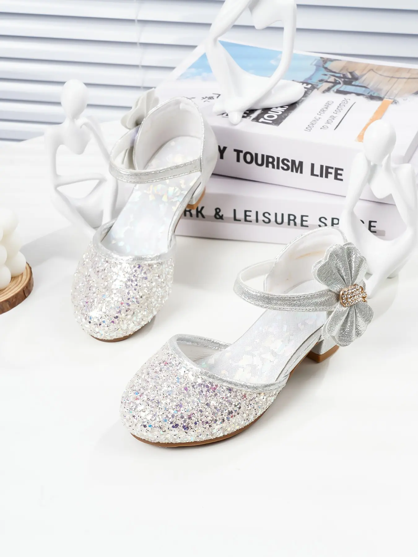 Girls' High Heel Shoes, Middle School Student Performance Shoes, Korean Style Rhinestone Sequins, Glitter Bow Princess Shoes