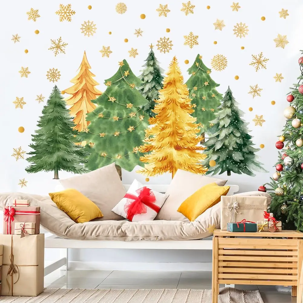 Christmas Tree Wall  Merry Christmas Snowflake Pine Trees Wall Stickers Christmas Wallpaper DIY Peel and Stick Removable Vinyl Wall Art for Bedroom Holiday  Decoration