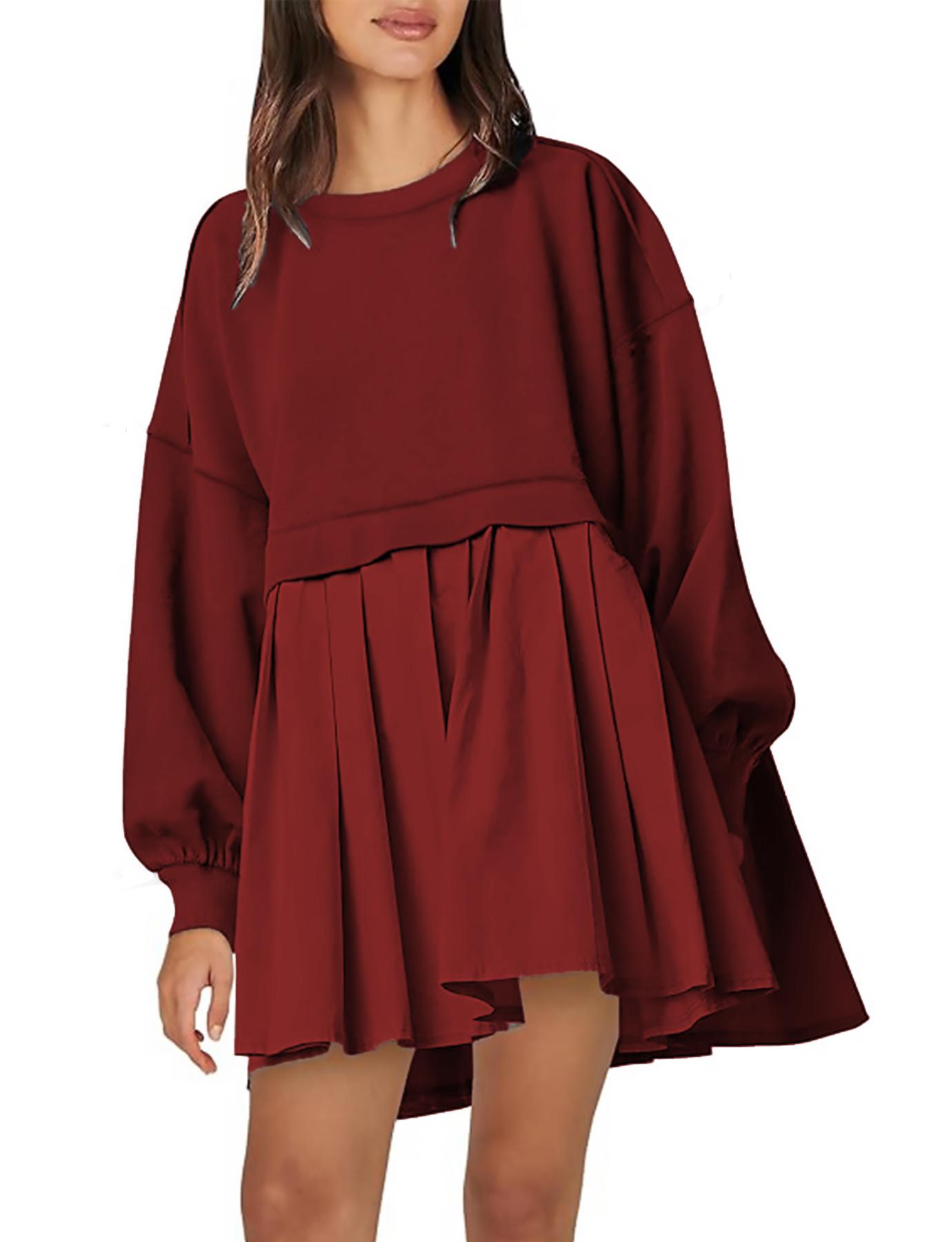 【Plus Size】 Solid Color 2 in 1 Smock Dress, Casual Basic Drop Shoulder Long Sleeve Fitted Short Dress for Fall & Winter, Women's Clothes for Daily Wear, Womenswear
