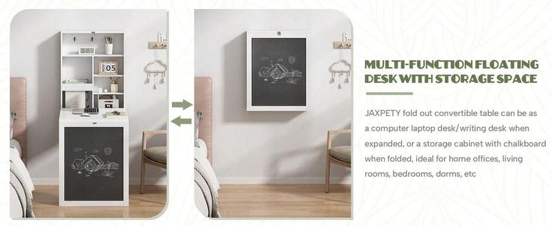 Indoor furniture  Folding Floating Convertible Wall Mounted Table Space Saving Computer Laptop With Storage Bookcase Chalkboard Foldable Writing Desk Home Bed Room Office Furniture White Black