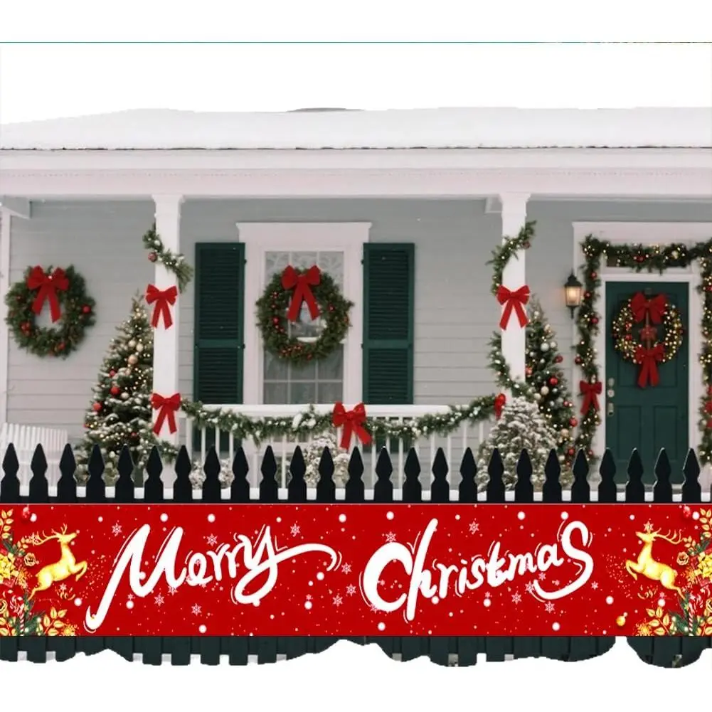 Merry Christmas Banner 120 x20 In Yard Sign Banner Flag Large Red with Xmas Tree  Party  Decorations for Indoor Outdoor Fence Garage Garden Porch Holiday Backdrop Decor