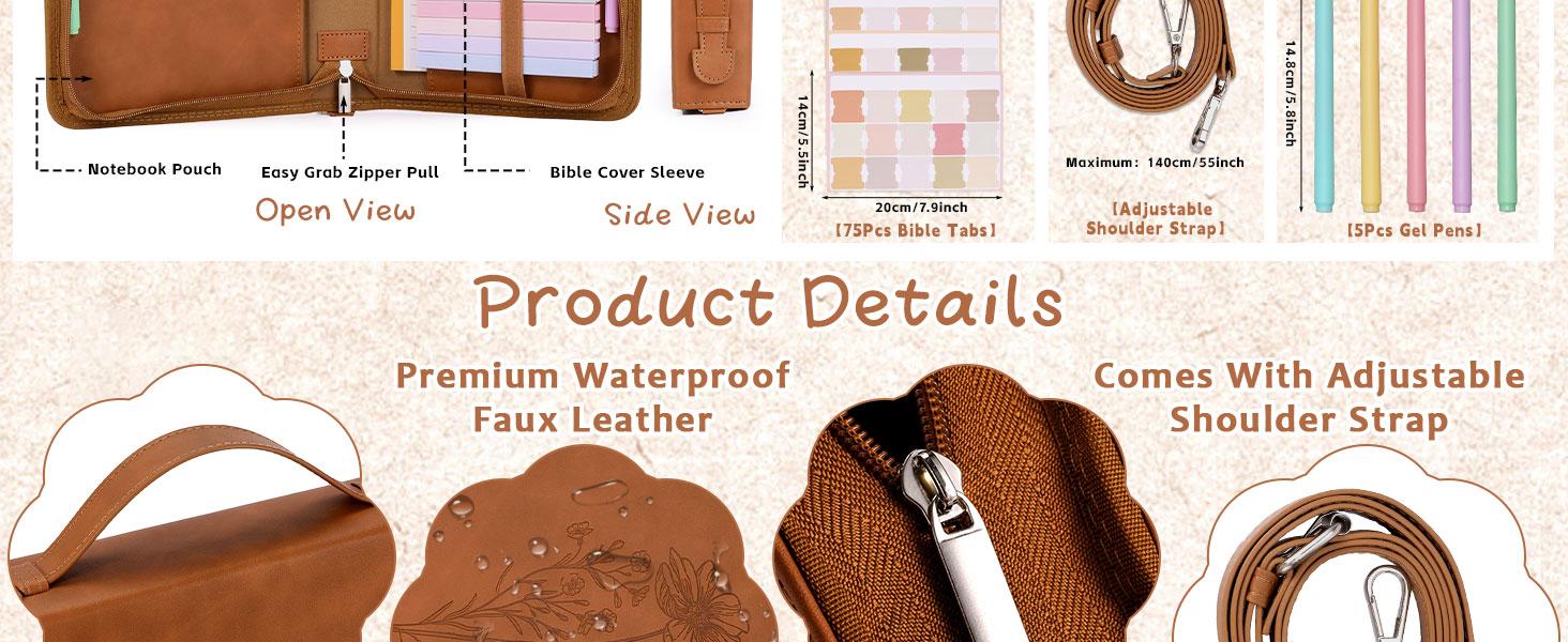 19PCS Floral Brown Leather Bible Cover Women Bible Cover Cases Teen Girls Christmas Gift Christian Carrying Bag Journaling Kit with Shoulder Strap Highlighter Pens & Book Marker Study Supplies