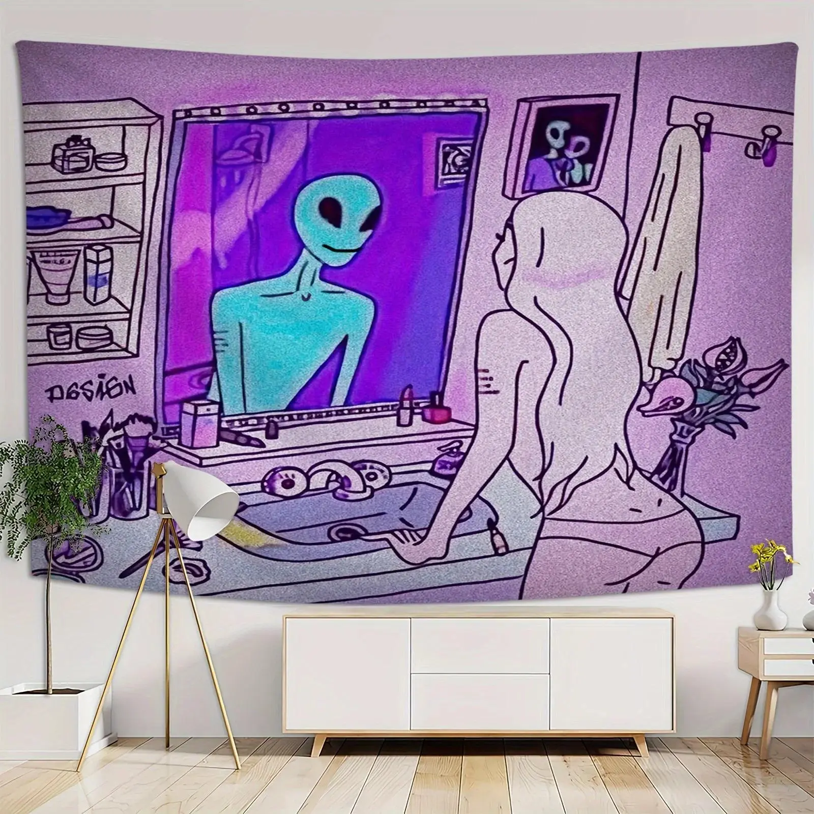 Halloween Alien Girl Printed Art Tapestry, Wrinkle-Resistant Synthetic Polyester Wall Hanging, Wall Decor for Living Room & Party Backdrops, Lightweight