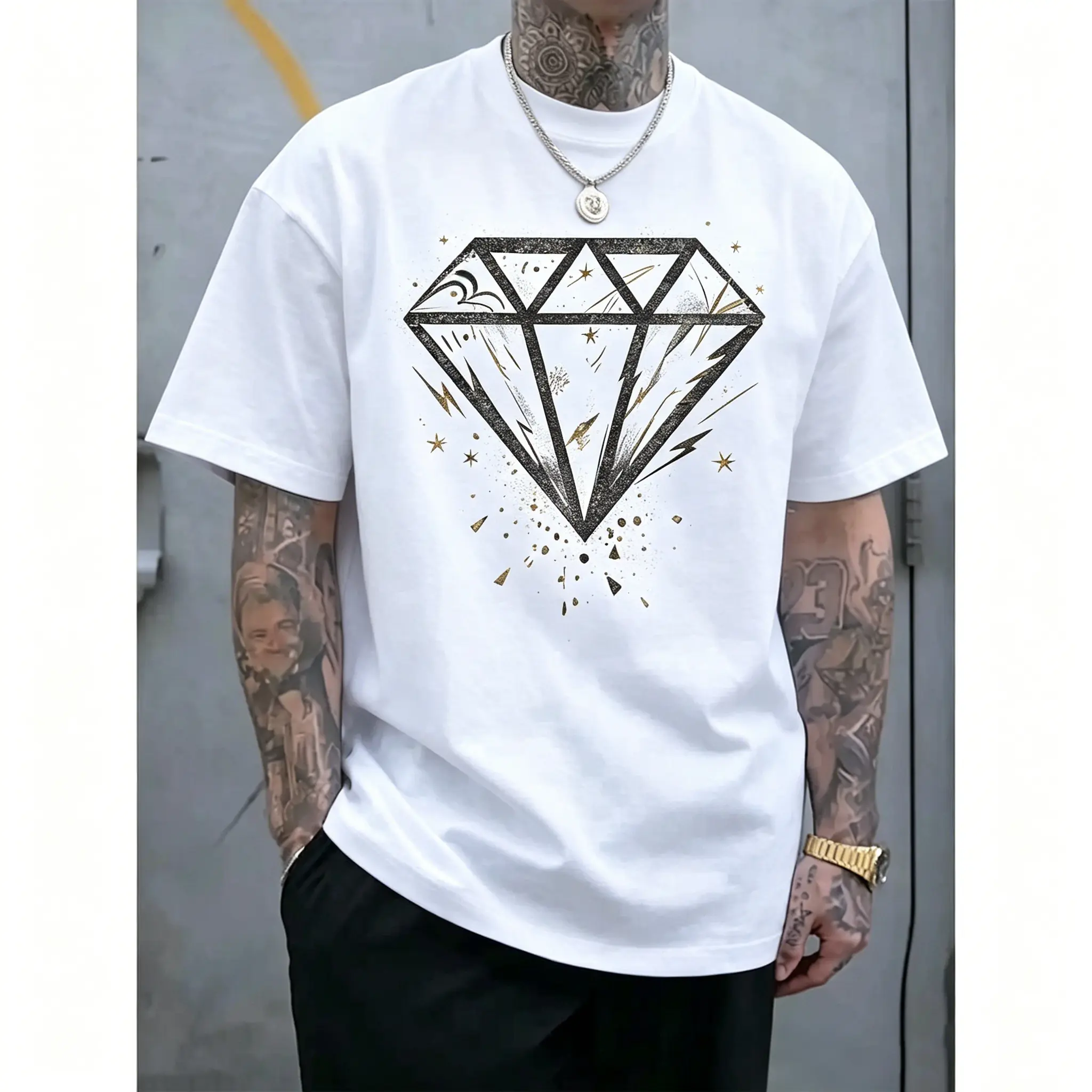 Men Diamond Graphic T-Shirt Hip Hop Streetwear Crew Neck Short Sleeve Tee