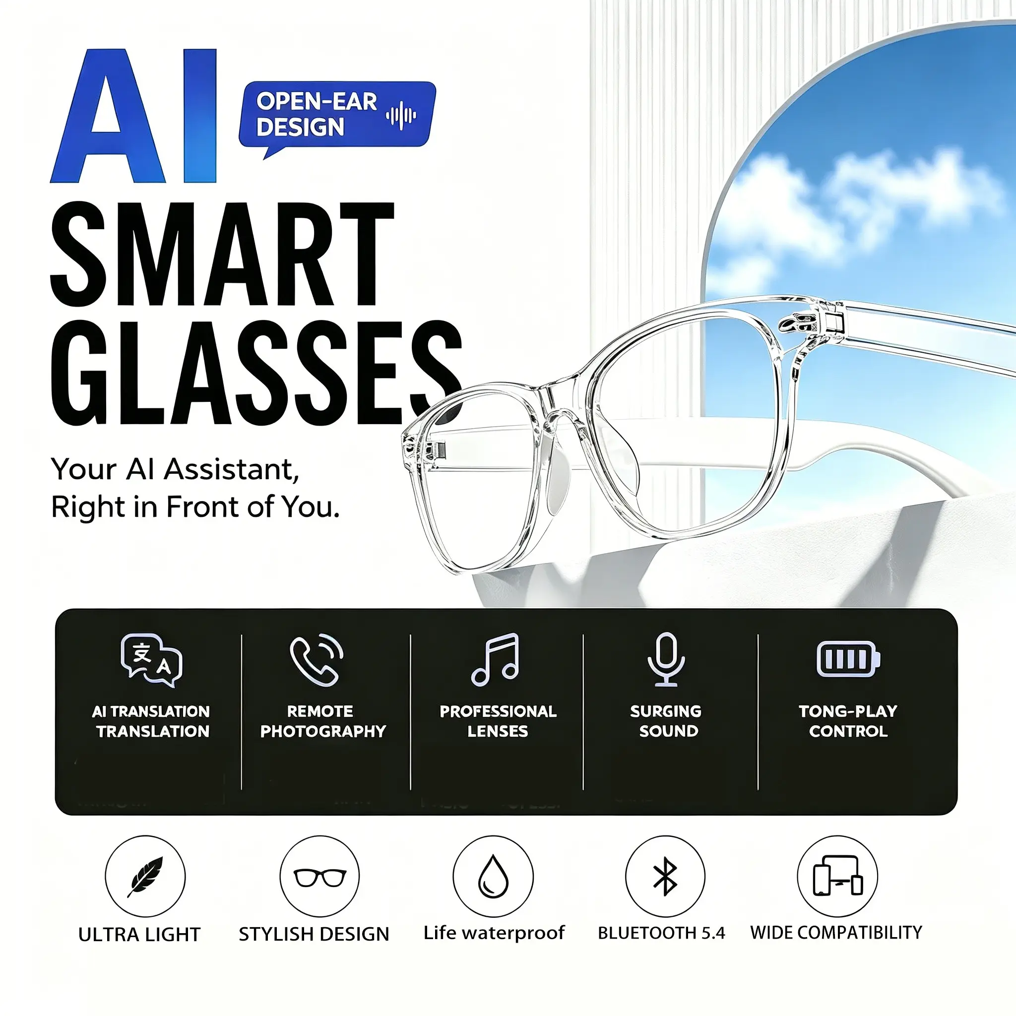 2026 New AI Translation Smart Glasses Bluetooth Audio Sunglasses Dual Magnetic Charging Touch Control Hands-free Call Remote Camera Real-time Two-way Translator Voice Assistant Navigation Anti-Blue Light UV400 Stereo Sound Low Leakage Driving Business Tra