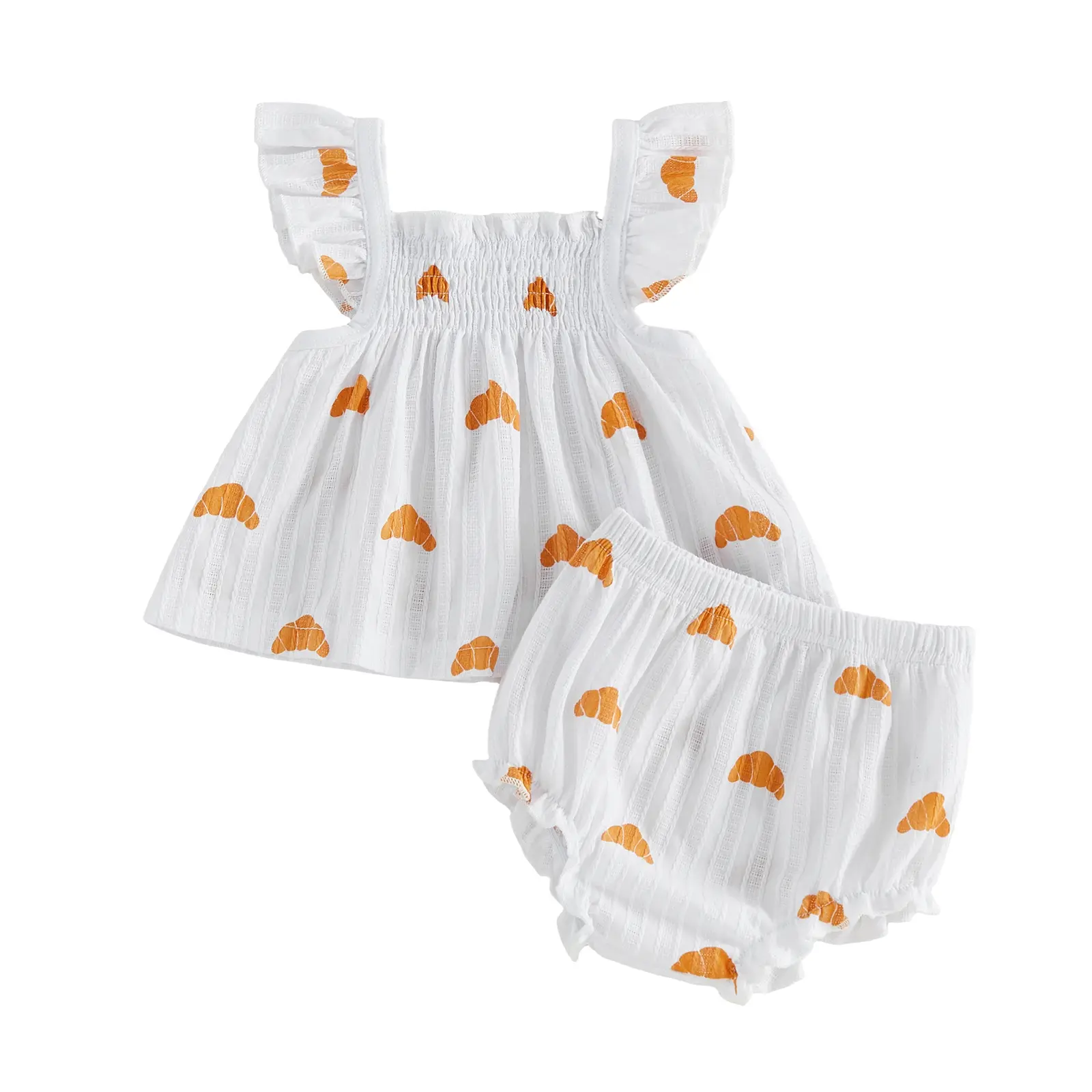 REDWOON Newborn Baby Girls Thanksgiving Outfits Cute Croissant Print Smock Flutter Strap Blouse and Bloomer Pants Clothing