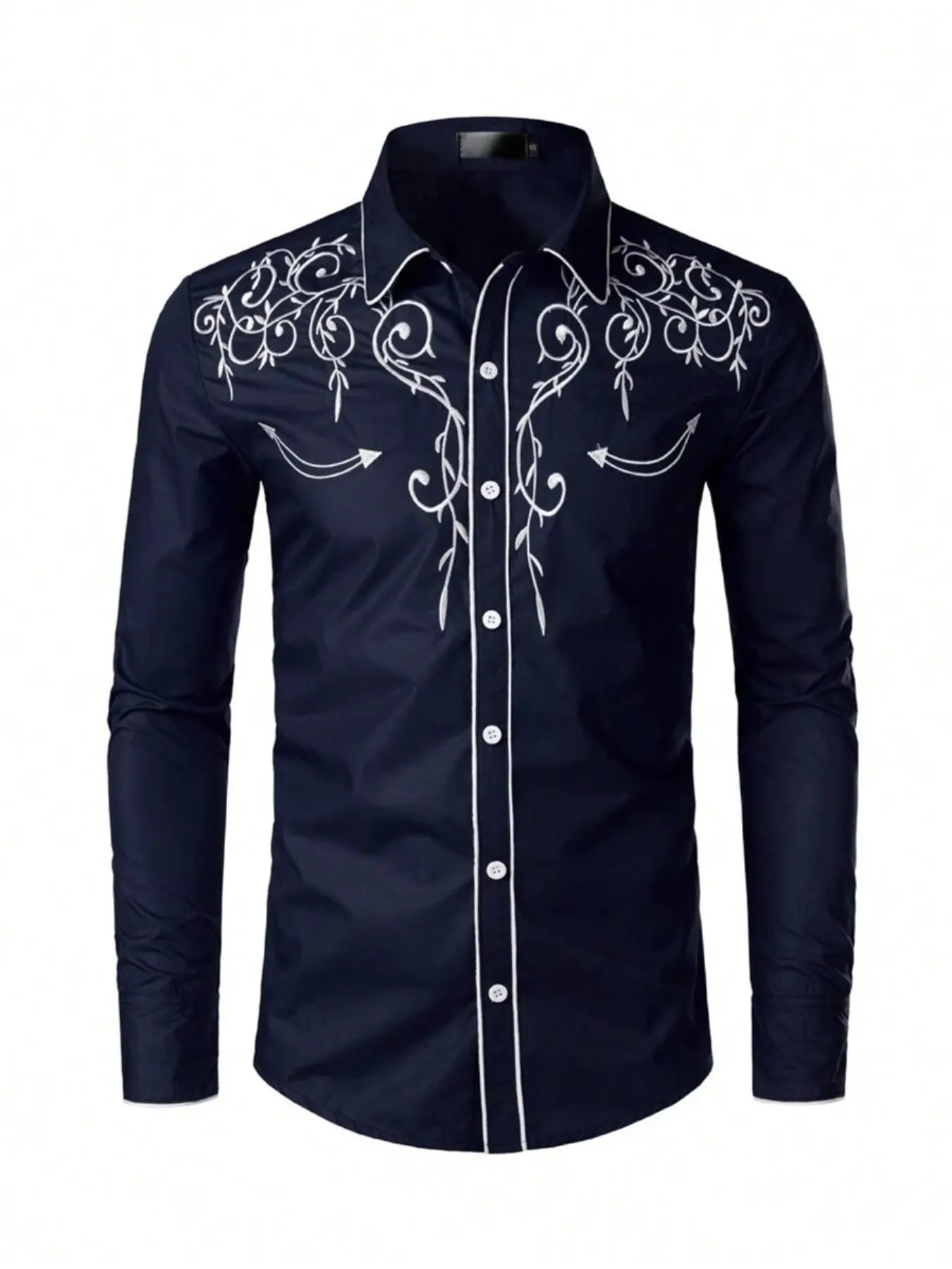 Men's Western Cowboy Long Sleeve Button Down Shirt, Retro Embroidery Vintage Denim, Casual Loose-Fitting Top for Spring & Fall