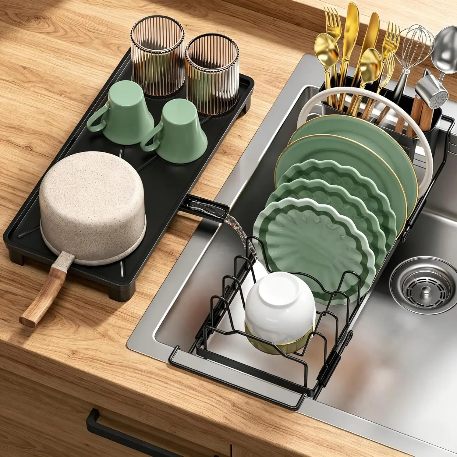 Small Dish Drying Rack - Expandable Sink Dish Drying Rack Over Sinks with Drying Tray, Dish Drainer for Kitchen Counter with Adjustable Cutlery Holder, Space-Saving for Small Kitchens, Black