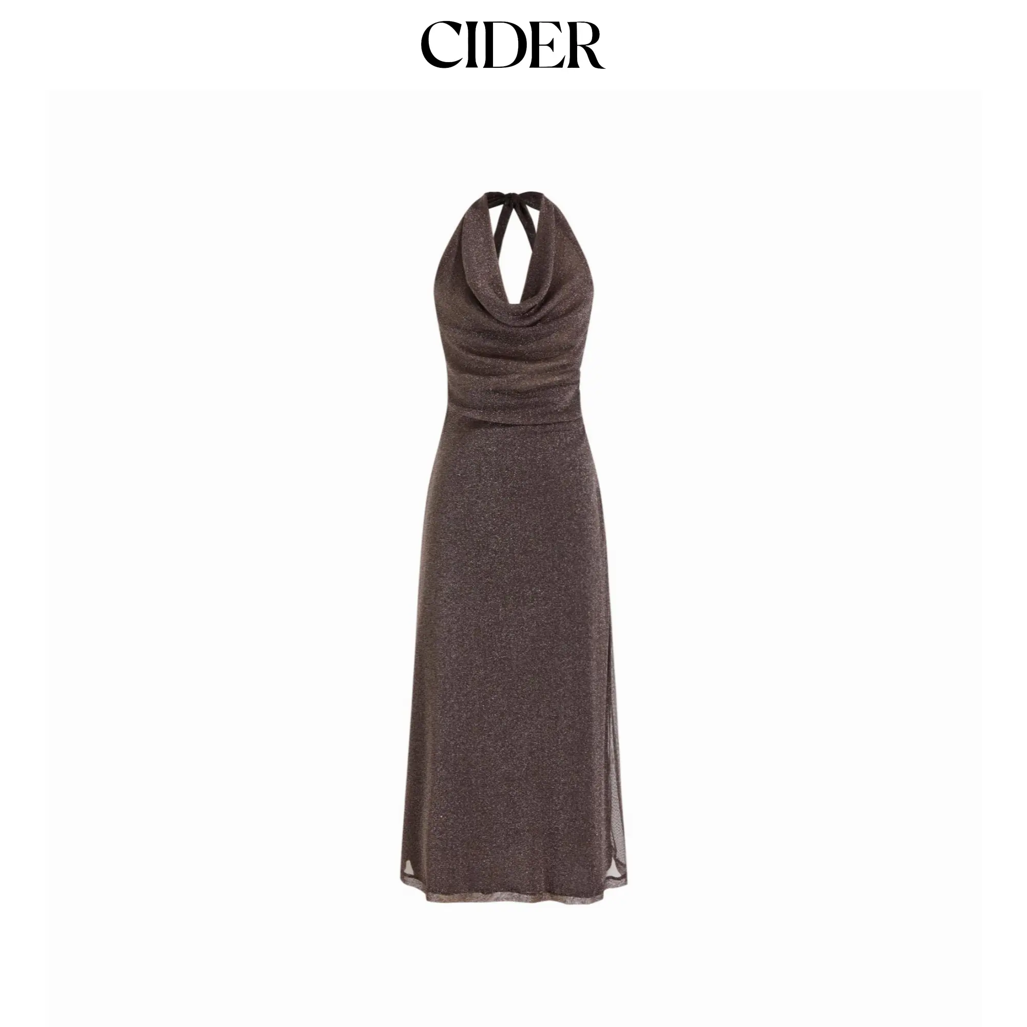 Cider Metallic Cowl Neck High Rise Straight Maxi Dress
