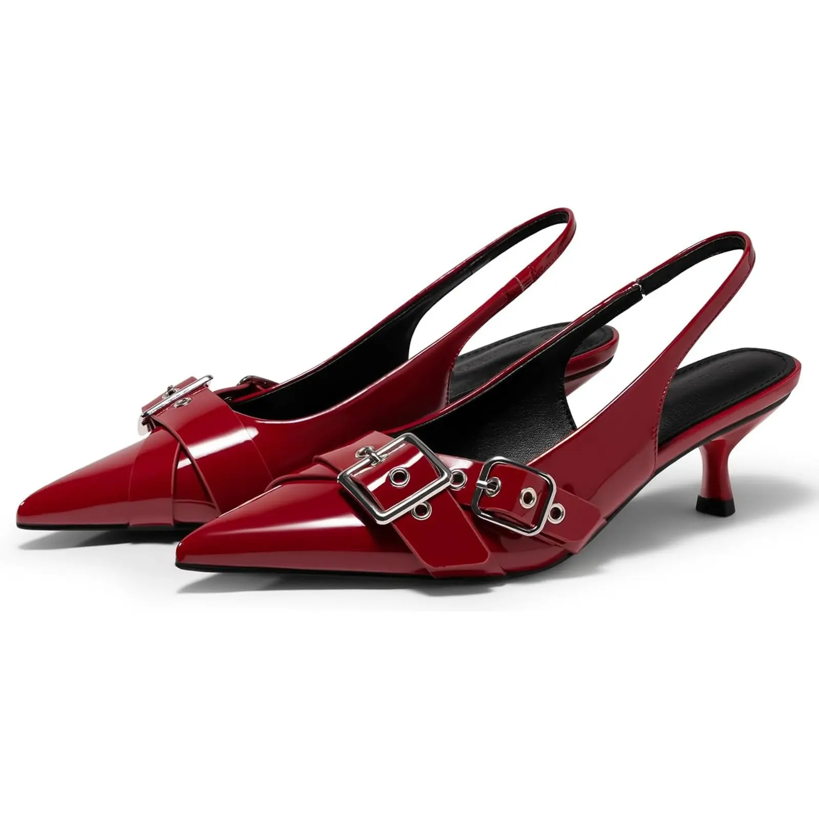 Coutgo Womens Slingback Kitten Heels Closed Pointed Toe Pumps Studded Buckle Strap Party Dress Shoes