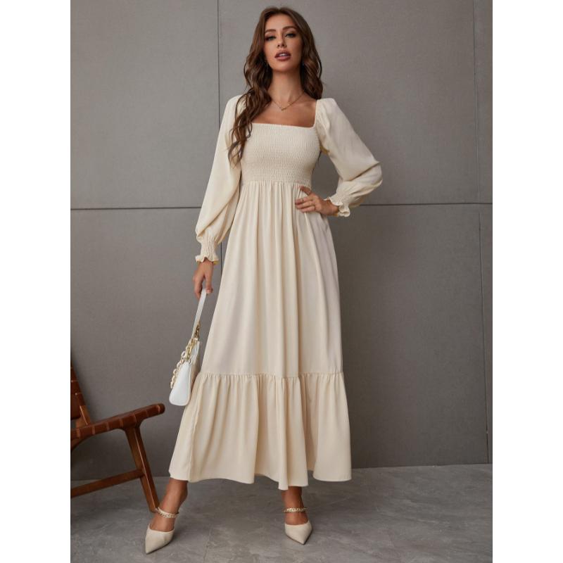 SHEIN Raffinéa Square Neck Shirred Ruffle Hem Dress Maxi Women Outfit