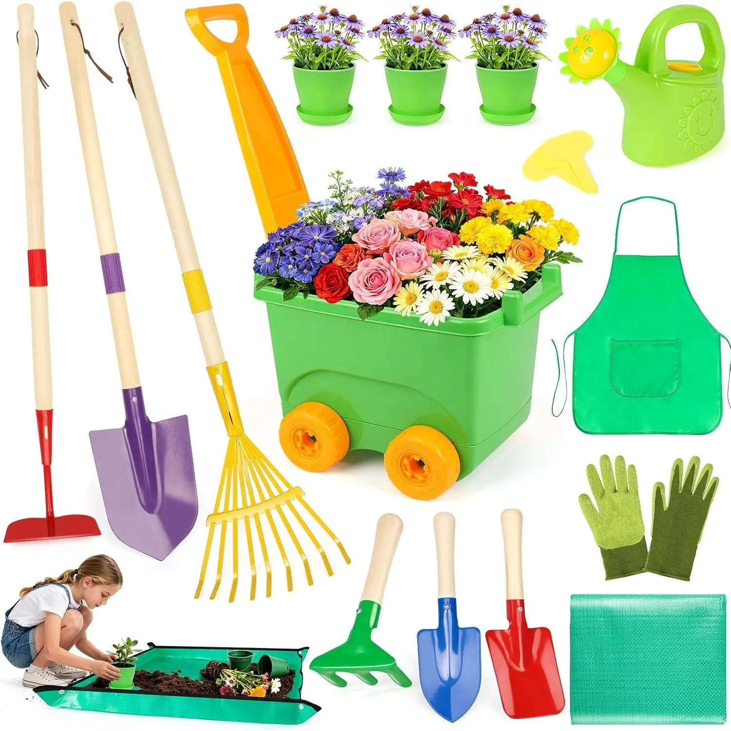 Kids Gardening Set, Outdoor Pretend Play Learning Toys with Wheelbarrow Garden Tools Repotting Mat Gloves Apron Watering Can, Gardening Gift for Toddler Boys Girls Aged 3-8