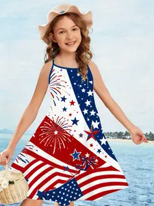 American Flag Starry Dress for Girls, Independence Day Patriotic Style, Loose-Fitting Beach Dress, Summer Vacation