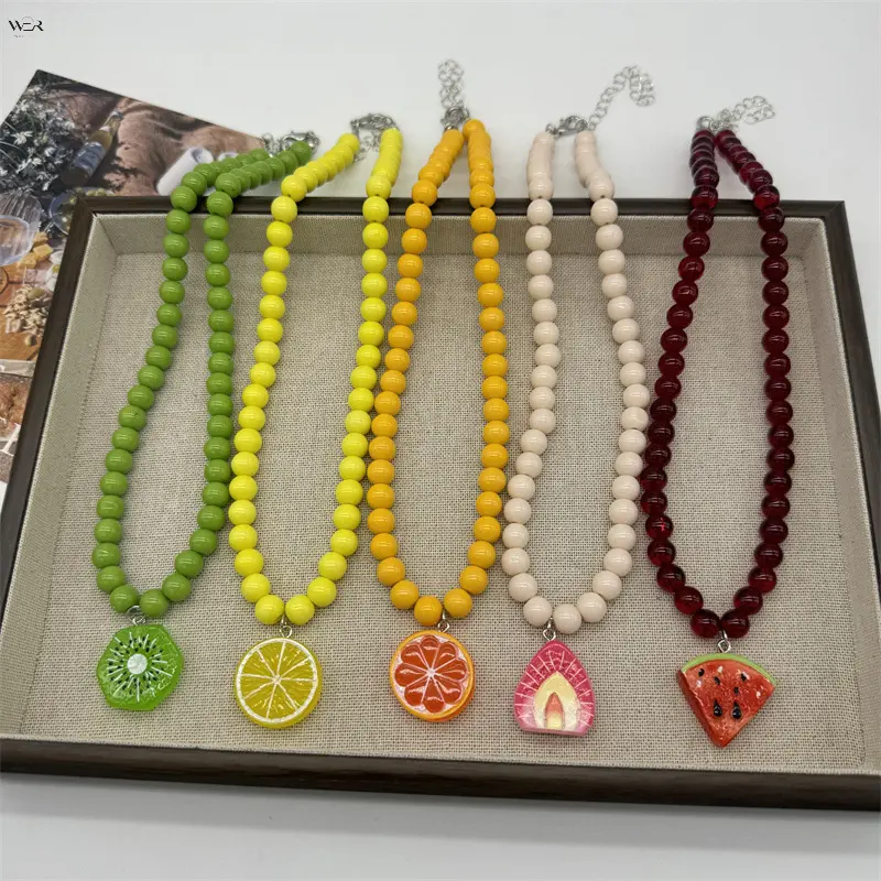 Cute Colorful Beaded Fruit Pendant Necklace, Kiwi Lemon Orange Strawberry Watermelon Charm Necklace, Adjustable Sweet Summer Fruit Jewelry for Women Girls, 5 Styles Available