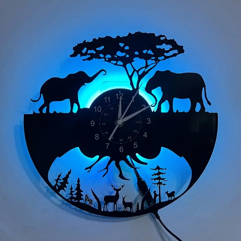 LED Vinyl Wall Clock African Safari Wildlife Elephant Acacia Tree Cutout Wall Clock LED Backlit Jungle Nature Wall Hanging Decor Unique Accent Ornament for Cabin Lodge Farmhouse Living Room Perfect New Year Birthday Gift for Animal Lovers Wildlife Art