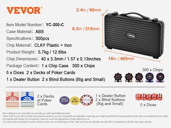 VEVOR Poker Chip Set, 300-Piece Poker Set, Complete Poker Playing Game Set with Carrying Case, Heavyweight 14 Gram Casino Clay Chips, Cards, Buttons and Dices, for Texas Hold'em, Blackjack, Gambling